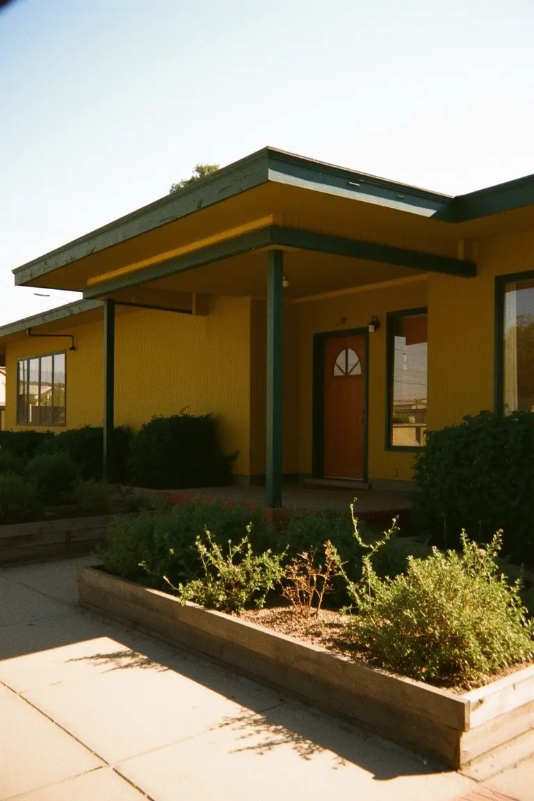 Ranch house exterior painted warm golden yellow with dark green trim and planter boxes