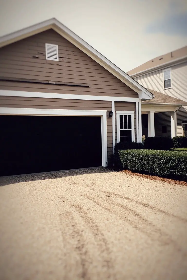 Ranch house exterior featuring warm greige siding, black garage door, white trim, and subtle landscaping