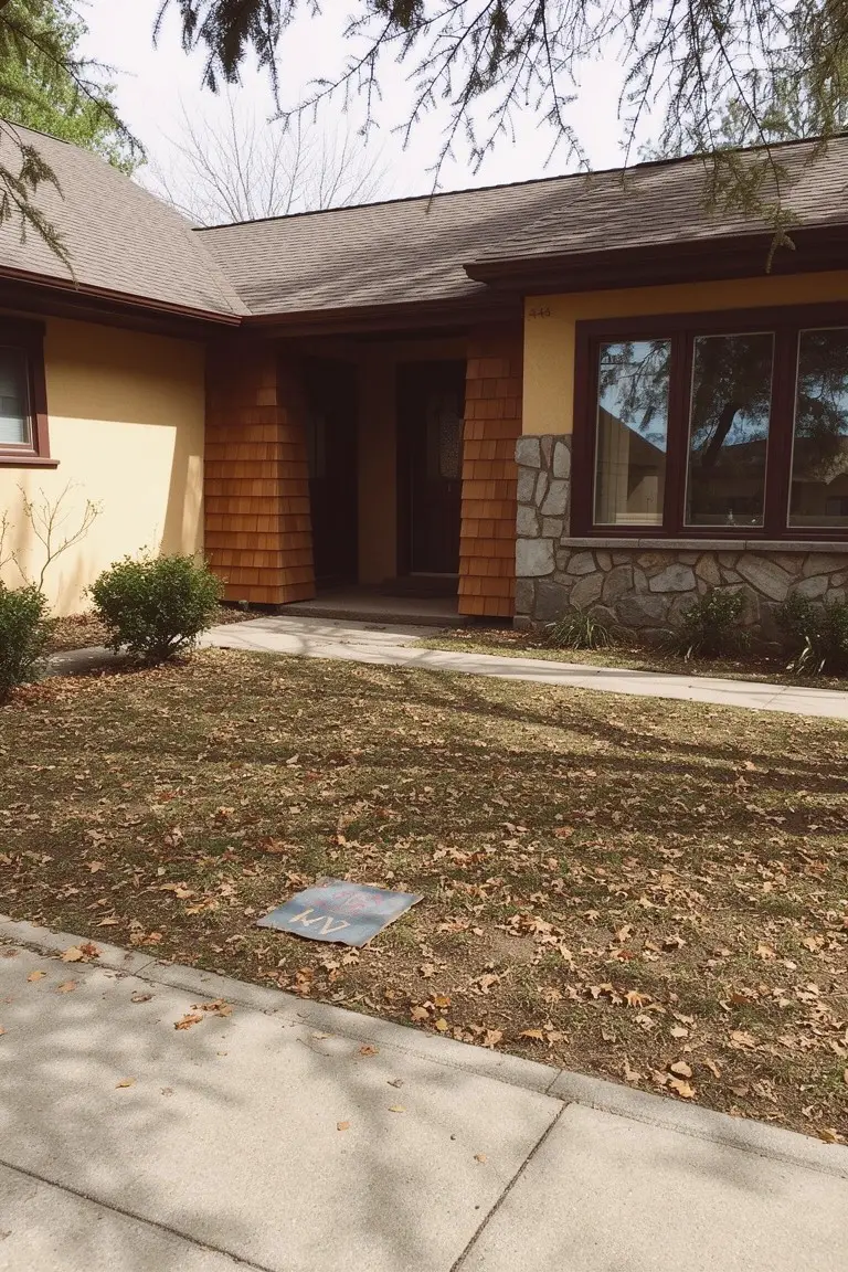 Ranch house exterior with warm tan stucco walls, cedar wood siding, stone base, and large front windows