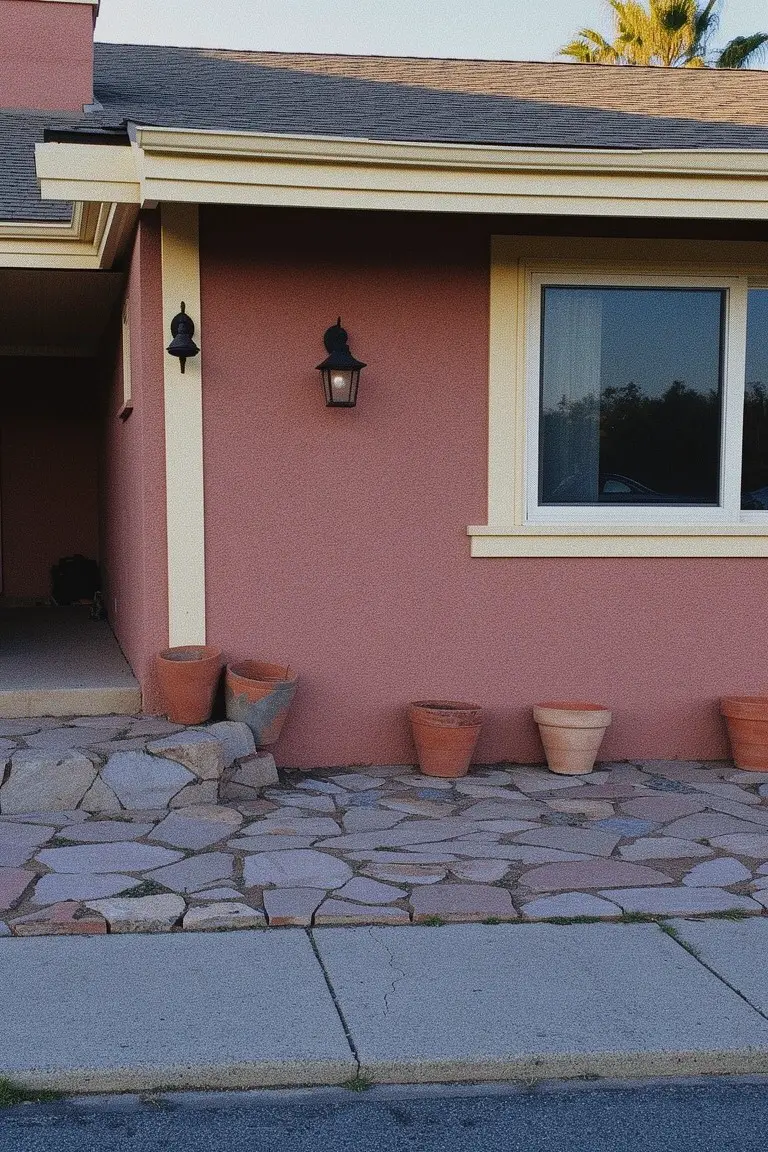Ranch house exterior with warm terracotta stucco walls, beige trim, black lanterns, and matching terracotta pots beside a stone walkway