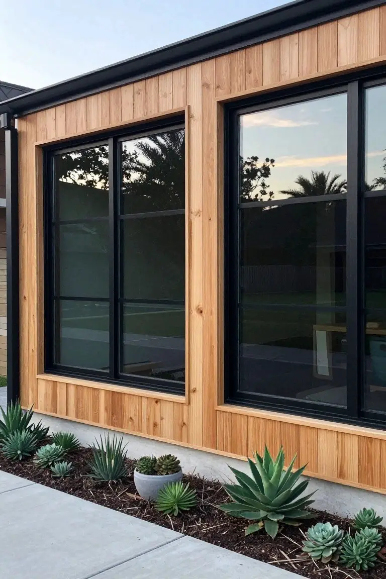 Modern house exterior with warm cedar wood siding, black-framed sliding glass windows, and a succulent garden along a concrete pathway