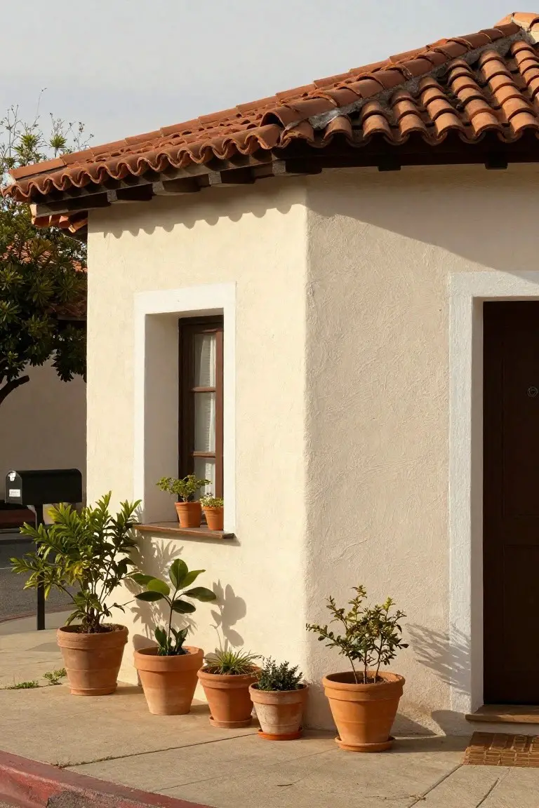 Warm creamy white stucco walls on a Spanish-style home with terracotta roof, wooden door, and potted plants lining the entry