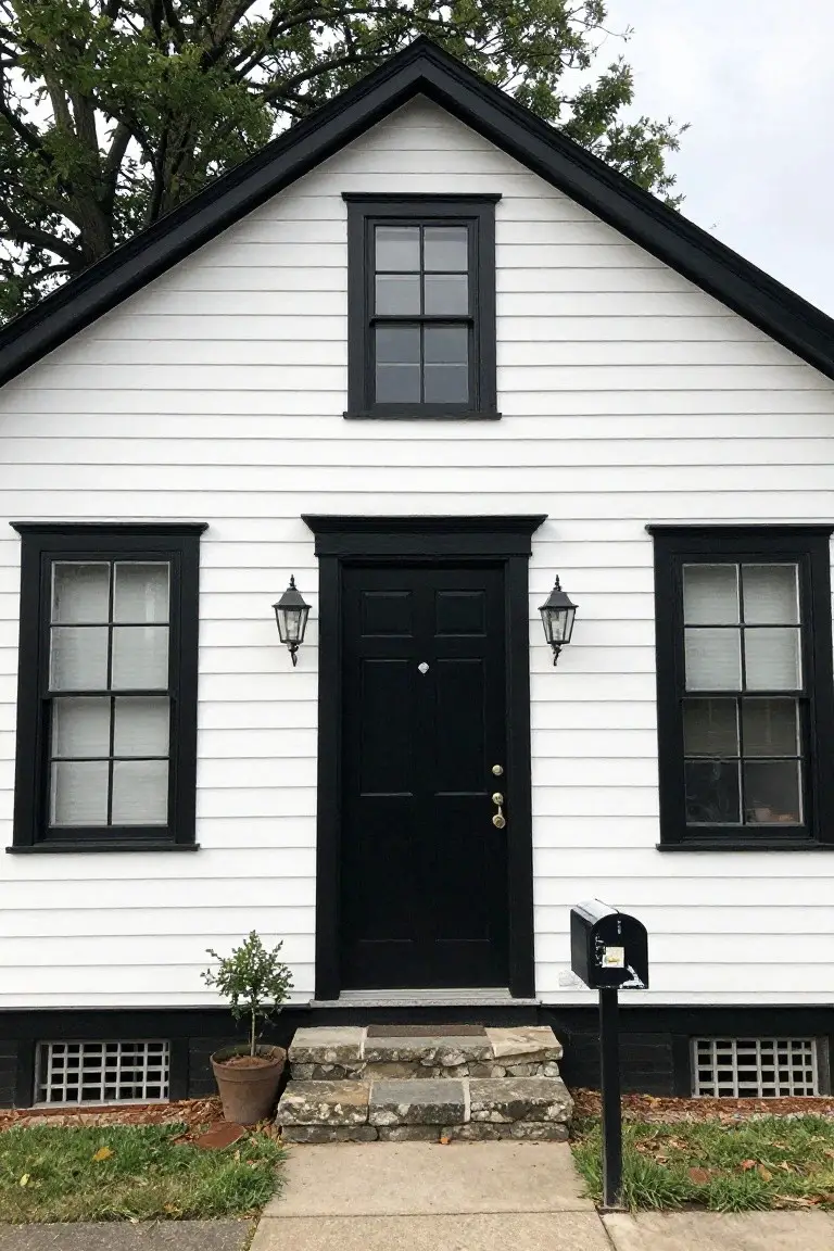 Crisp white clapboard house exterior with black trim, door, and lanterns