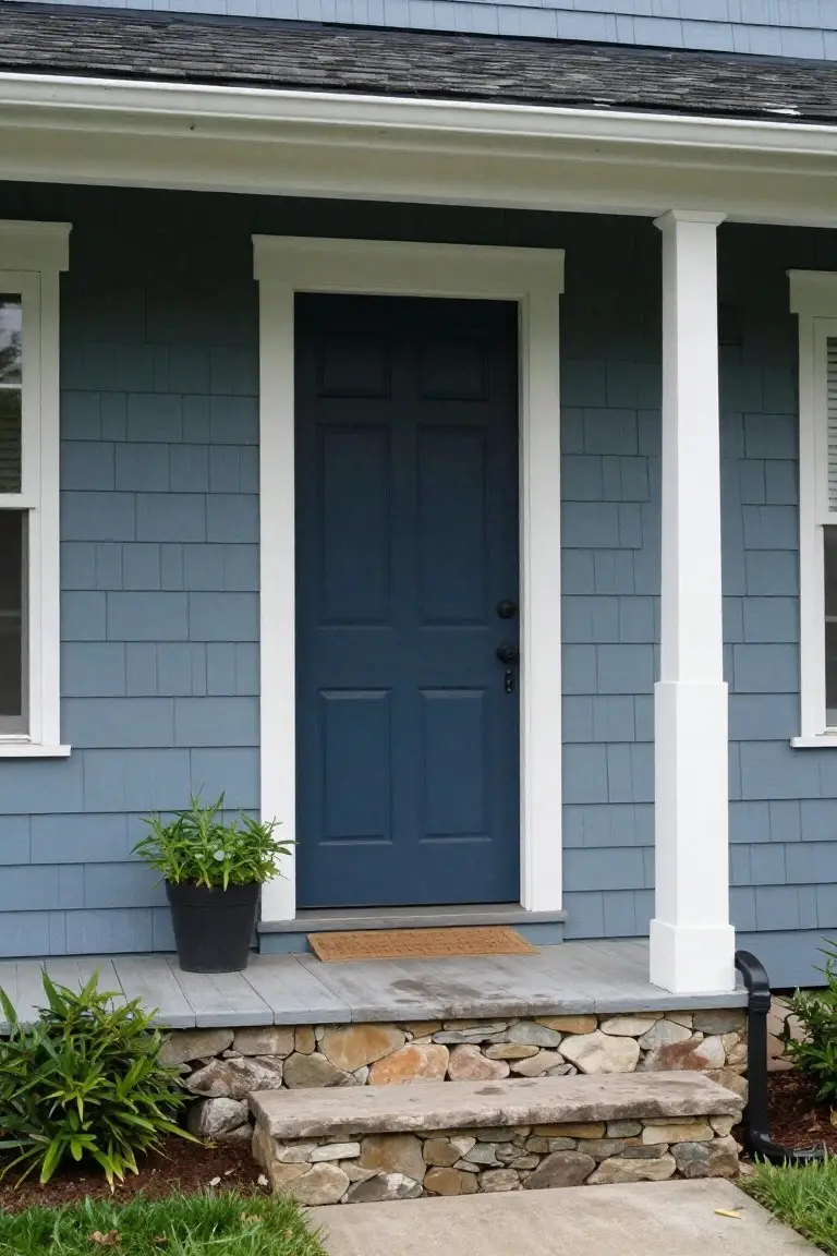 Coastal clapboard house painted muted blue-gray with white trim, navy door, potted plant on porch, and stone steps