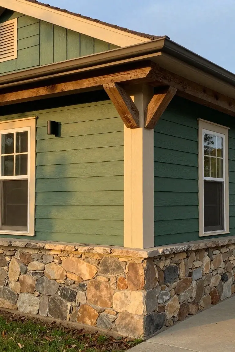 Muted sage green siding on a house corner with stone base and wood brackets