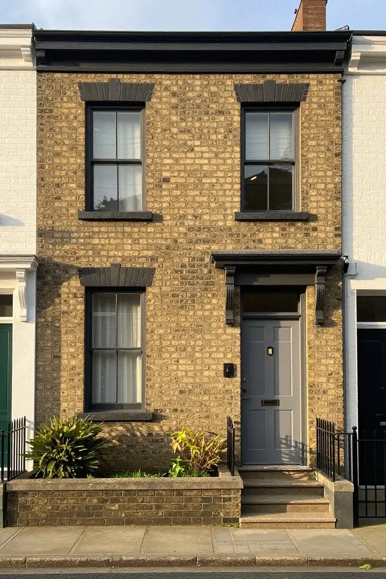 Brick terraced house exterior with soft gray front door, black trim, and simple planting.