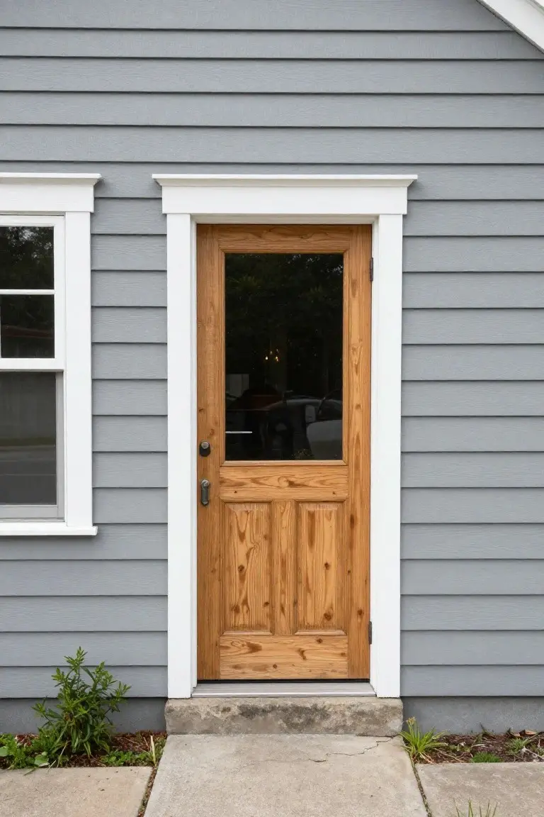 Light cool gray clapboard siding on a house exterior with white trim, wooden front door, and small plants by the concrete step