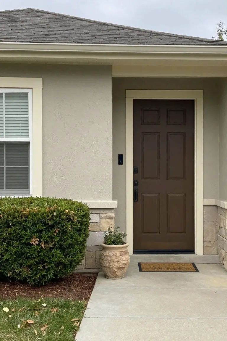 House exterior painted soft warm greige with dark wood door, cream trim, and light stone accents