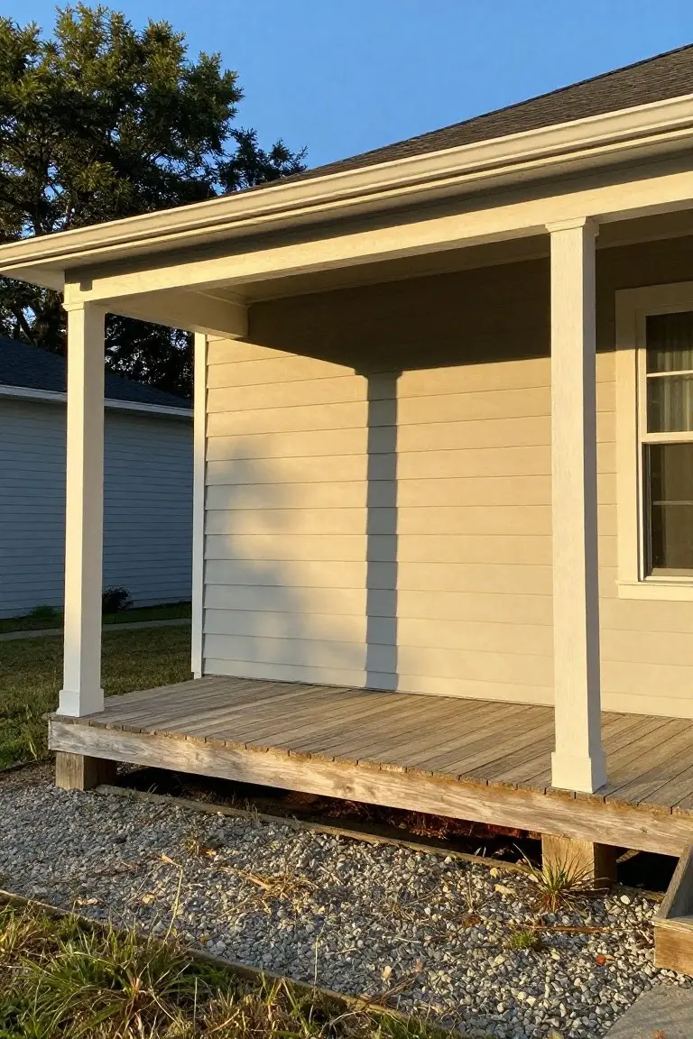 House exterior with soft greige siding, white porch columns, wooden deck, and gravel base