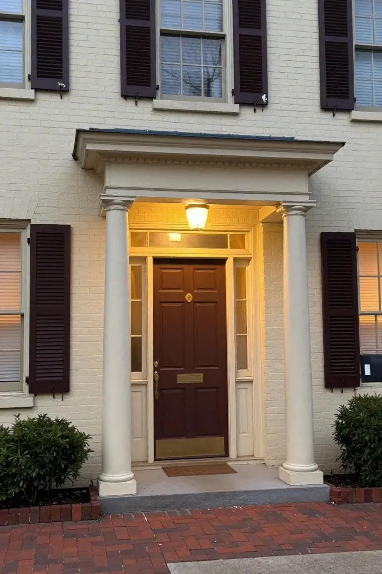 Soft pale yellow brick house with dark brown door and shutters, white columns, and red brick walkway