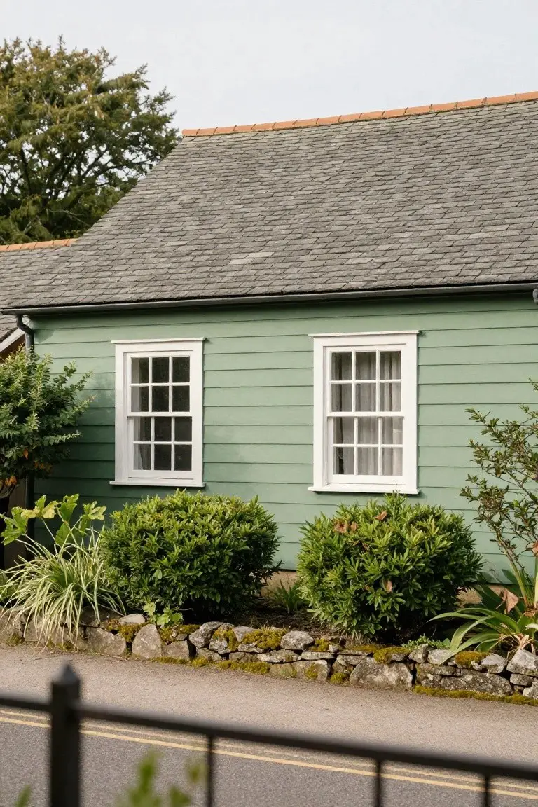 Pale sage green house exterior with white window trim, flanked by shrubs and a stone wall