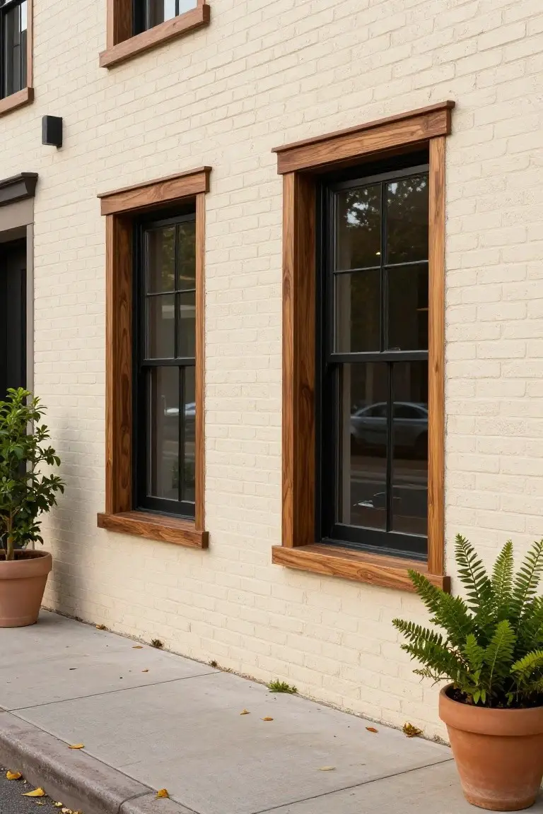 Light beige brick exterior wall with black-framed double-hung windows trimmed in wood, potted plants on sidewalk