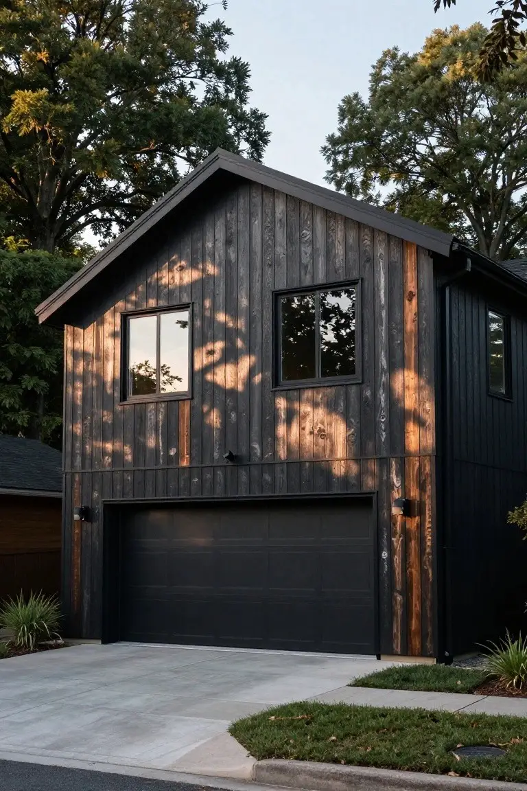 Two-story modern farmhouse exterior with deep warm black charred wood siding, black garage door, and wood trim accents