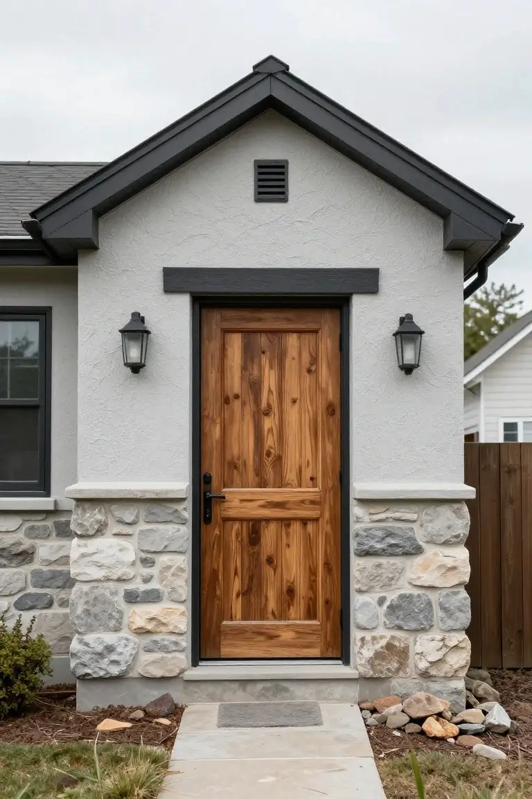 Home exterior featuring warm greige stucco siding with a knotted pine door, stone foundation, and lantern lights flanking the entry