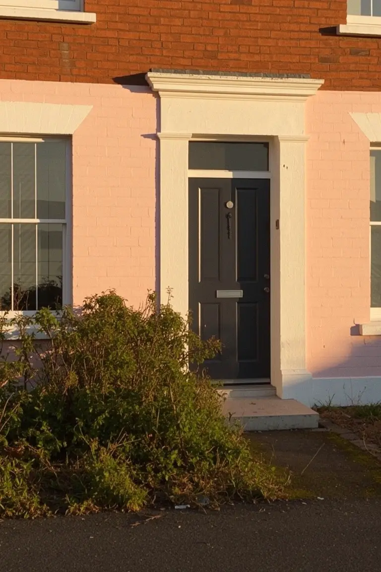 Pale blush pink painted exterior wall on a semi-detached house next to red brick, with black front door, white trim, and bushes out front