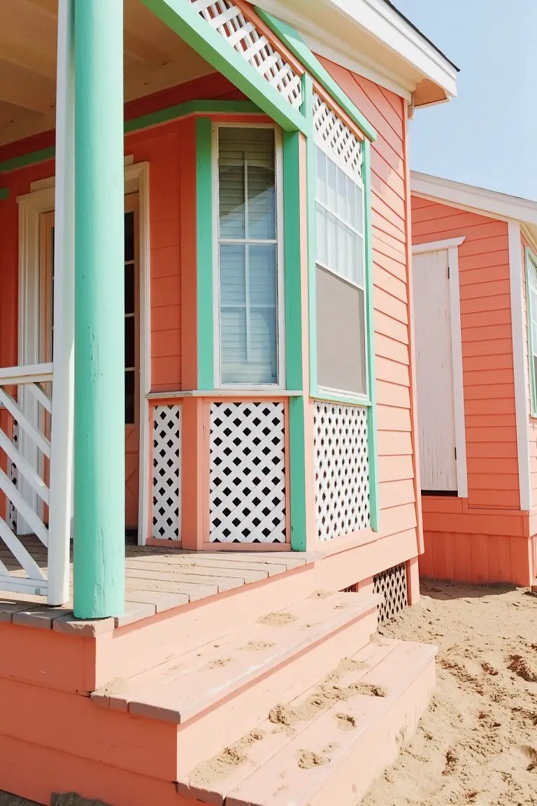 Beach bungalow exterior in vibrant coral pink with green trim, white porch railing, and steps into sand