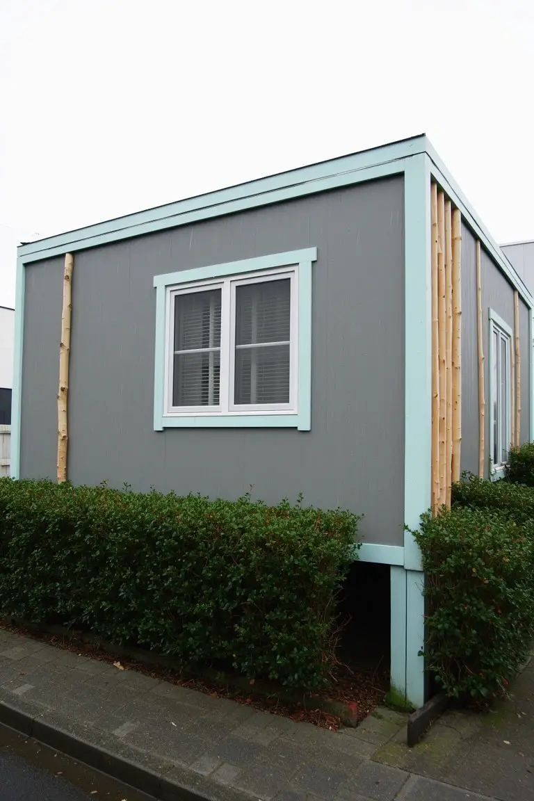 Prefab home exterior painted in cool medium gray siding with aqua edge trim and white window frames