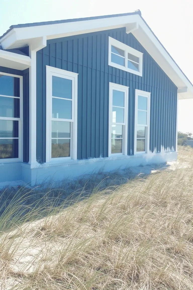 Beachside house exterior featuring deep navy blue siding paired with white window trim and a sandy base