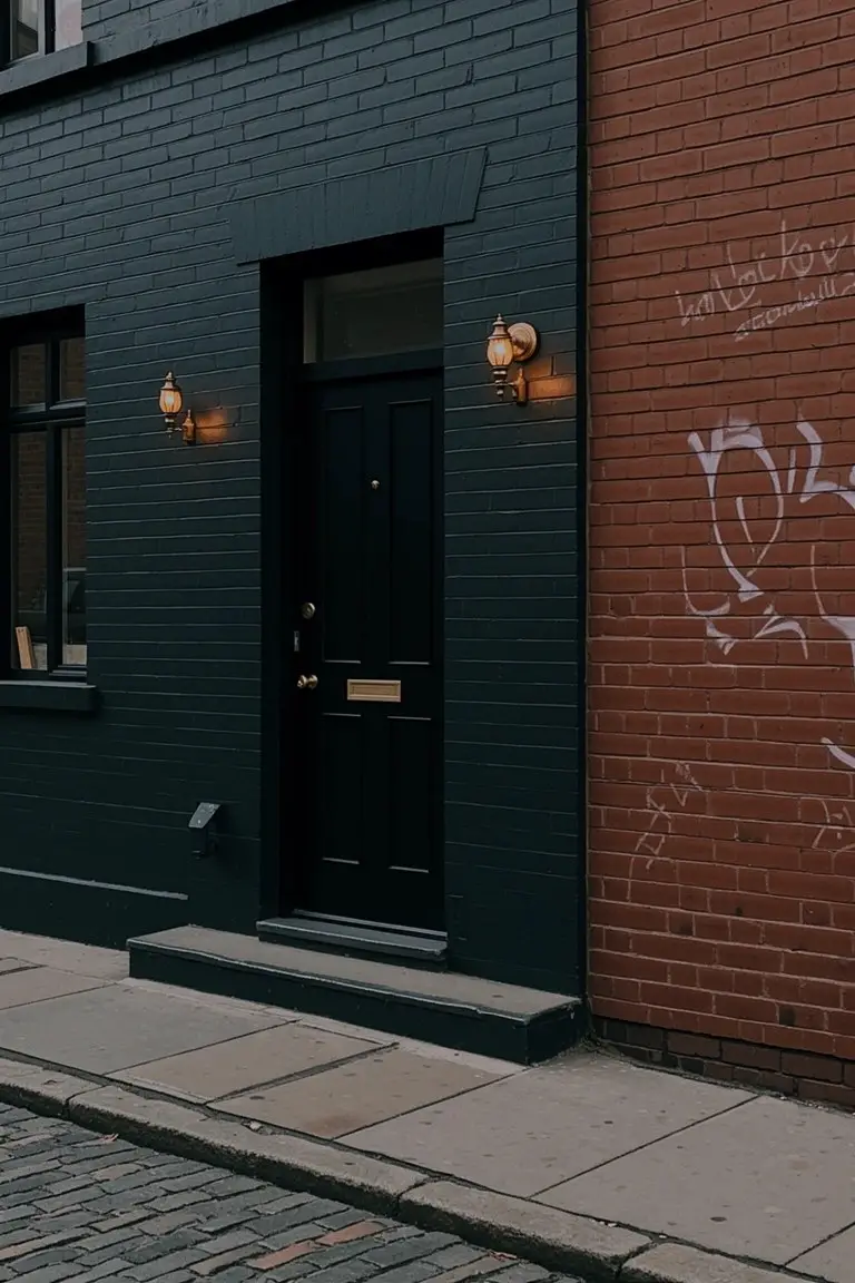 Dark green painted exterior wall and front door with brass wall lamps and letterbox, adjacent to red brick wall with graffiti on a stone sidewalk