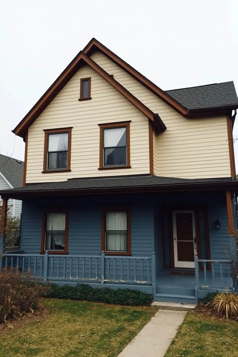 Two-story house exterior with deep navy blue lower siding and porch, light beige upper siding, dark brown trim, and a front path