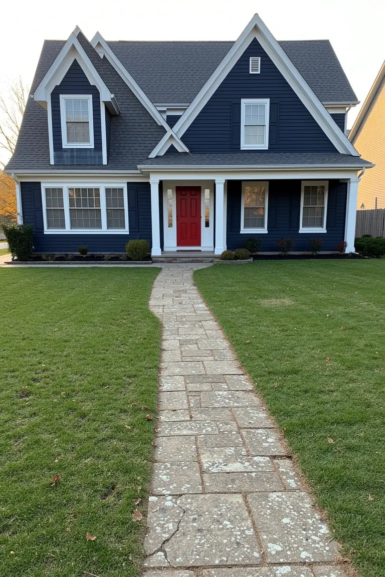 Deep navy blue house exterior with white trim, red front door, and curving stone walkway