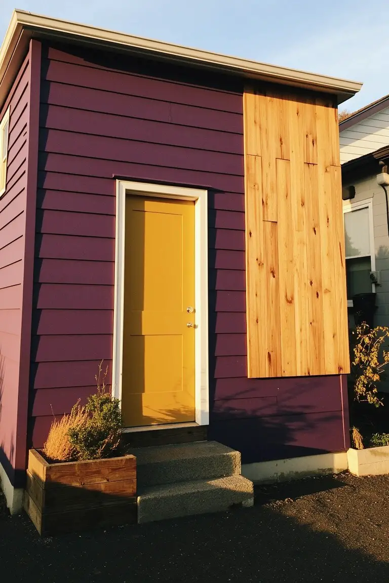 Tiny purple house with yellow front door, wood panel accents, steps, and potted grasses