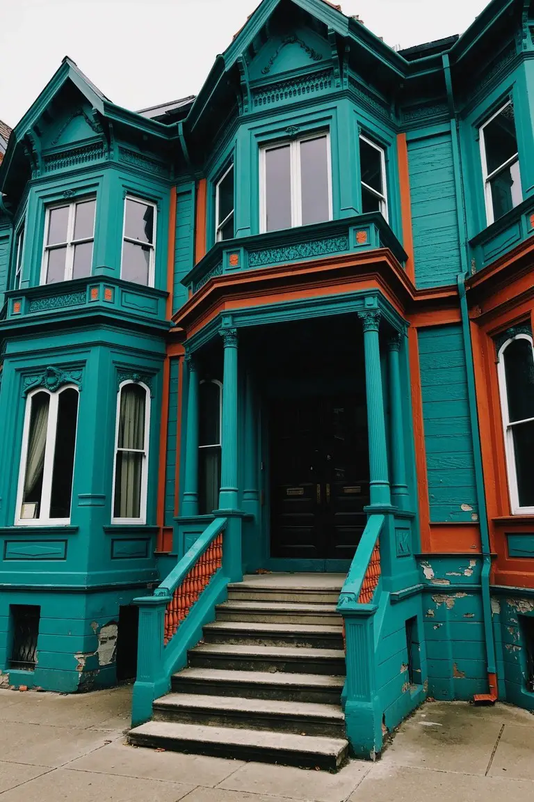 Victorian house exterior painted deep teal with orange trim accents on porch and windows