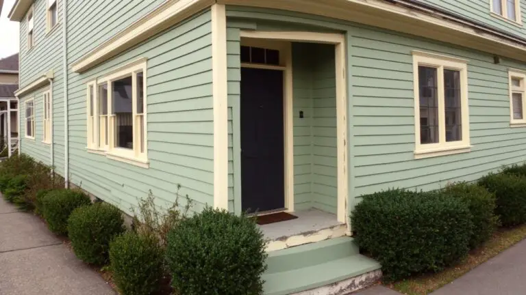Pale sage green house siding with black front door, white trim, and clipped boxwood shrubs