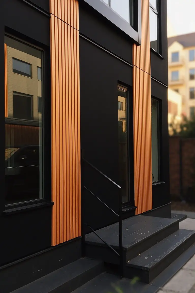 Modern home exterior featuring matte black walls with coppery orange wood cladding and black steps