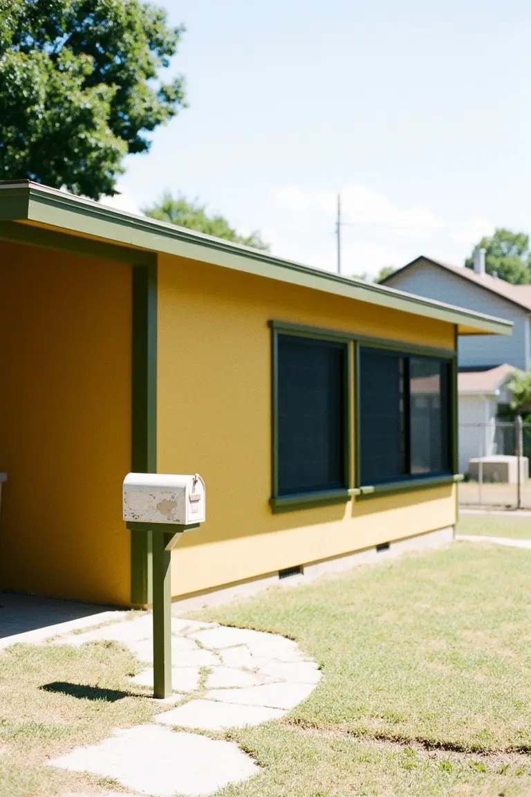 Sunny yellow exterior walls with dark green trim on a garage-like building, white mailbox nearby, stone path leading to grass yard