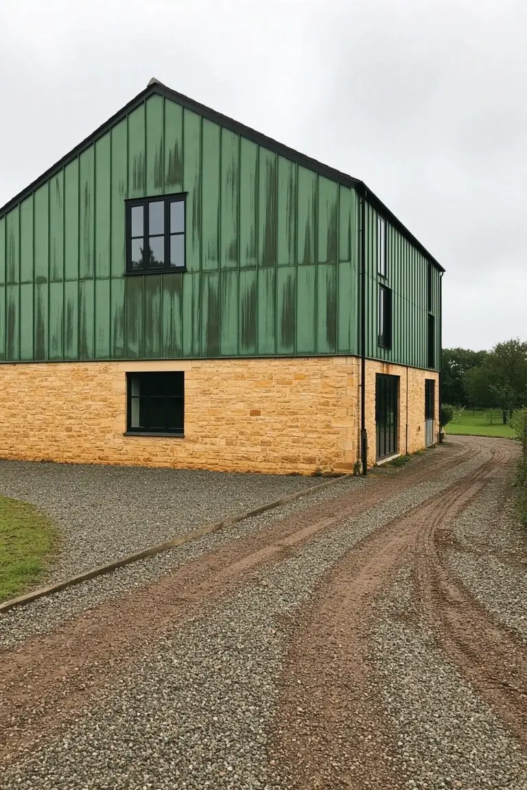 Muted sage green metal barn siding with stone base on gravel driveway