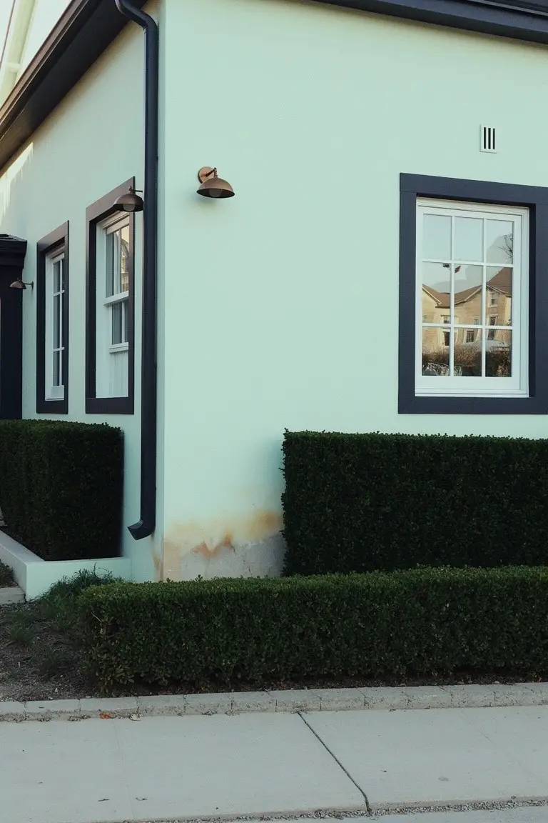 Pale sage green house exterior corner with black window frames, downspout, and trimmed hedges
