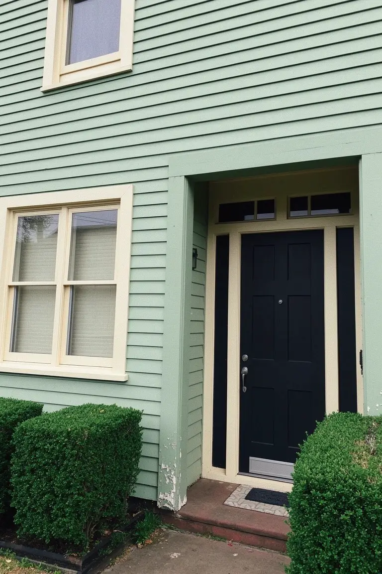 Pale sage green house siding with black front door, white trim, and clipped boxwood shrubs