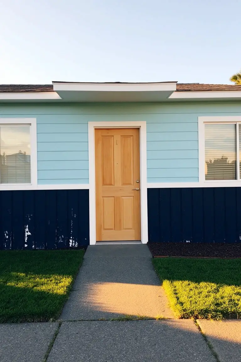 Light blue clapboard house with navy lower skirt, wood door, white window trim, and concrete walkway