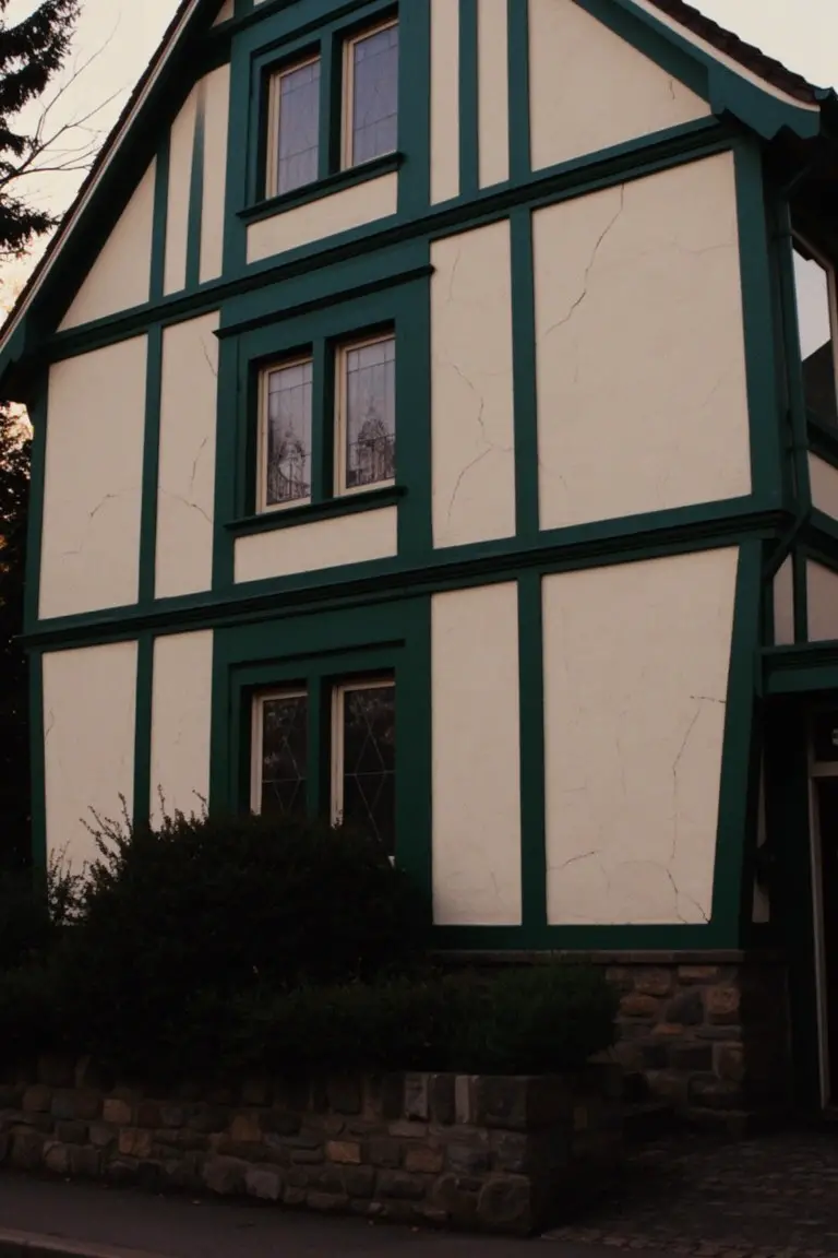 Half-timbered house exterior with warm cream walls framed by dark green timbers and a stone base