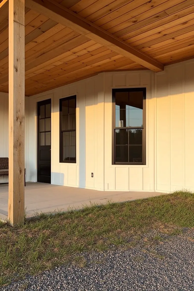 Exterior porch with creamy off-white siding, warm wood beams, and black-framed windows
