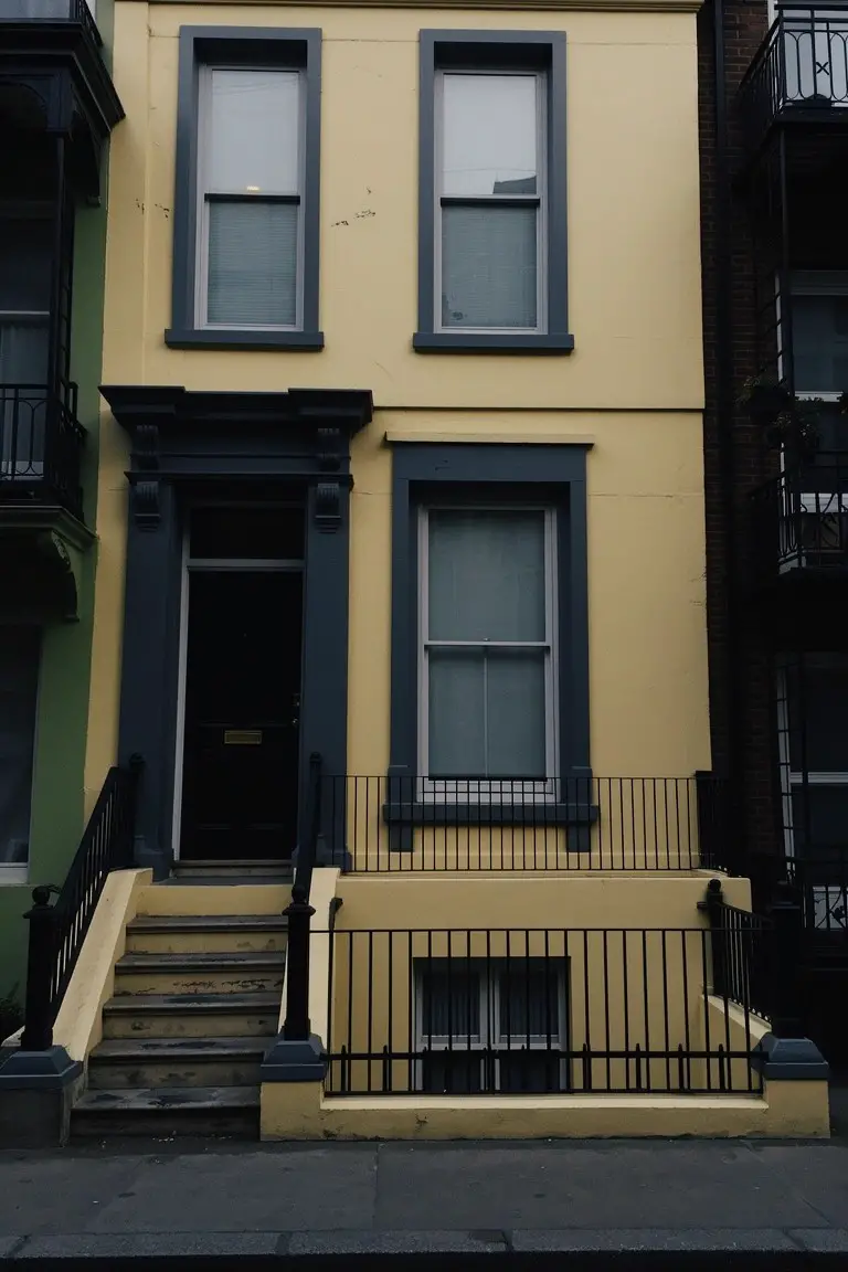 Pale yellow terraced house with black trim door and iron railings on stone steps