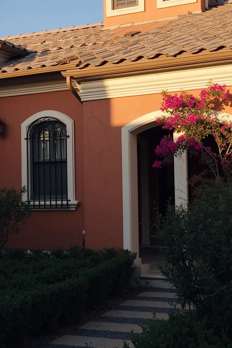 Warm terracotta stucco exterior with arched beige entryway and purple bougainvillea