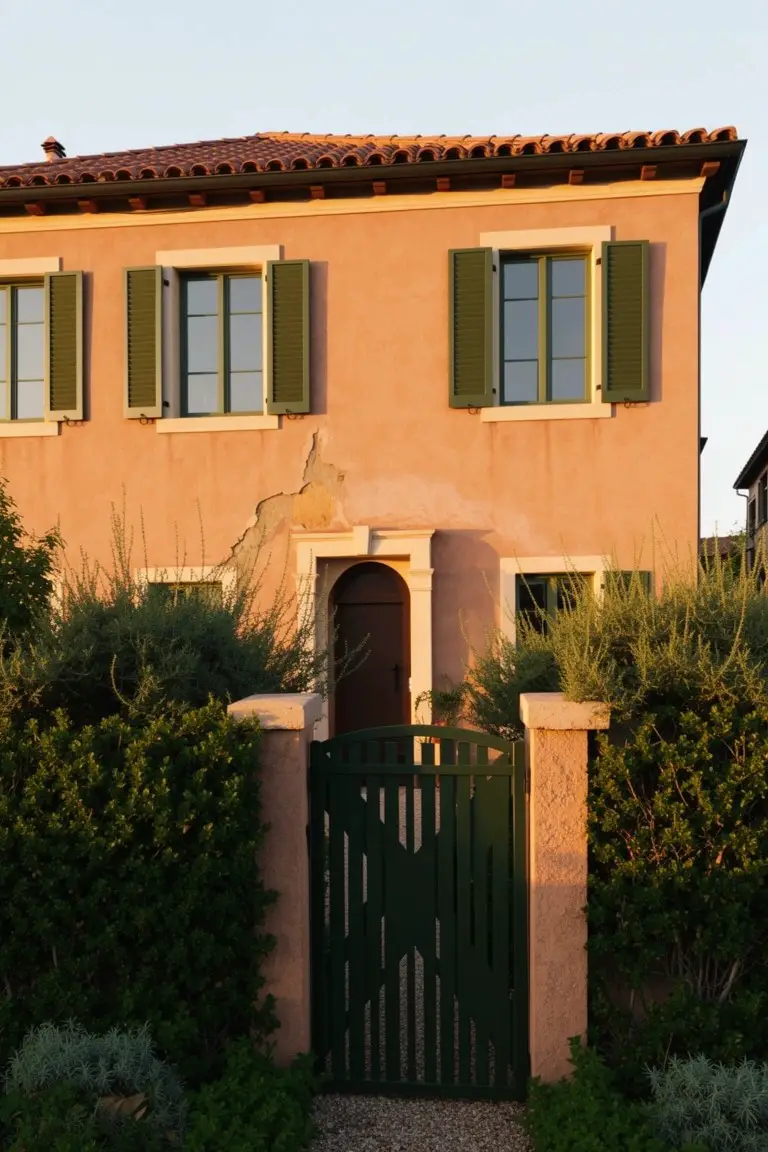 Stucco house exterior in warm terracotta with green shutters and gate
