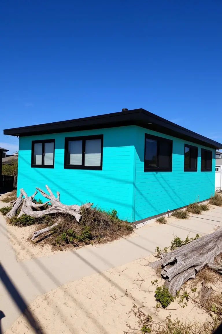 Bright turquoise house exterior with black roof, white window frames, and sandy beachside lot