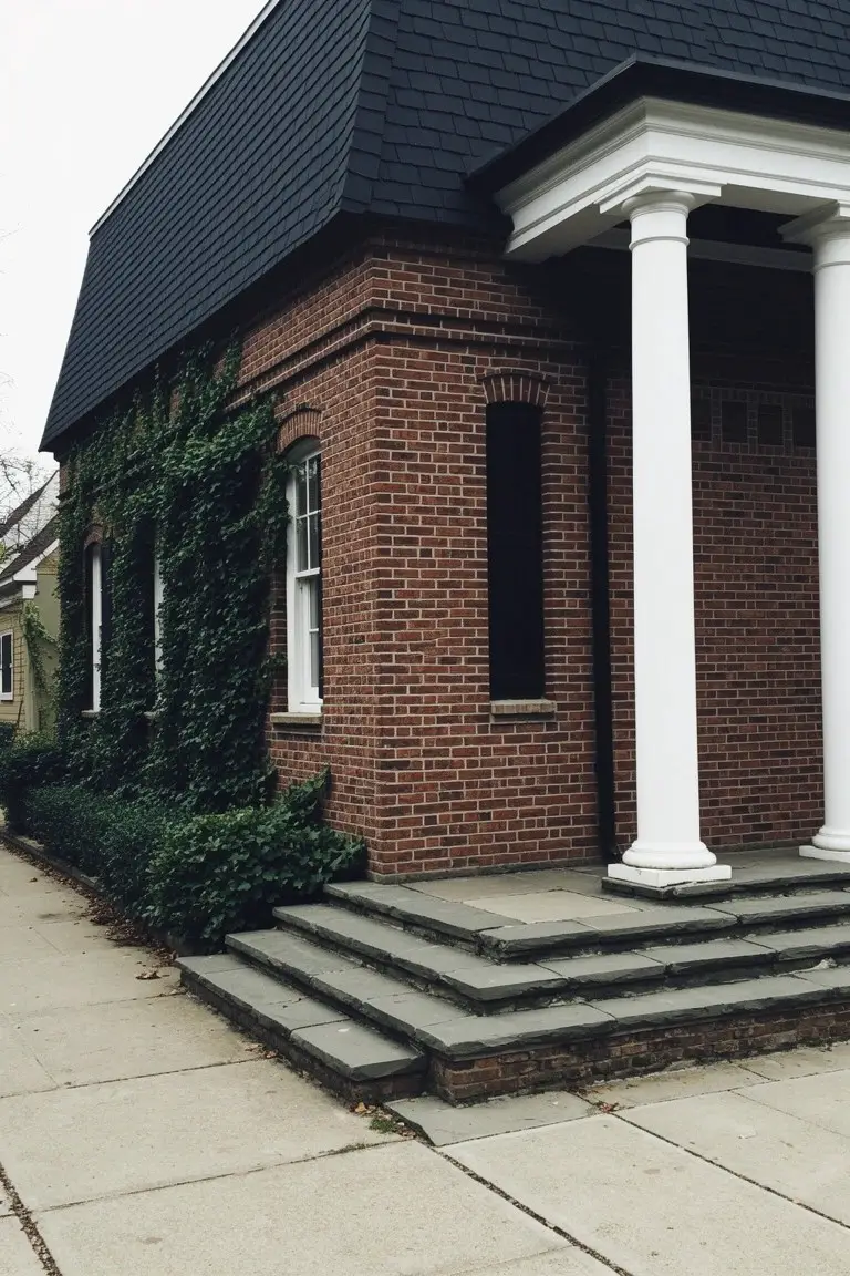 Brick house corner with ivy on walls, tall white columns supporting a portico, dark sloped roof, and stone steps