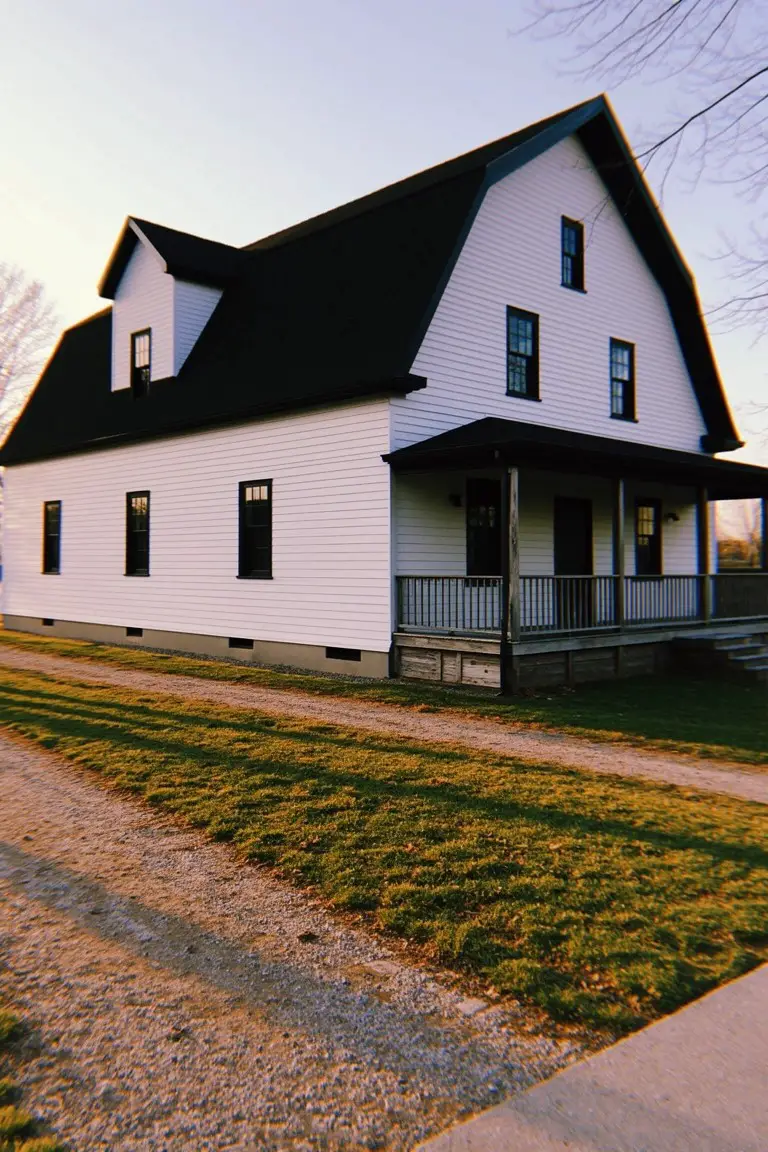 Crisp white siding on a farmhouse-style house with black roof contrast