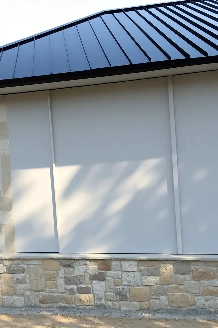 Crisp white siding panels on a house with black roof and beige stone base