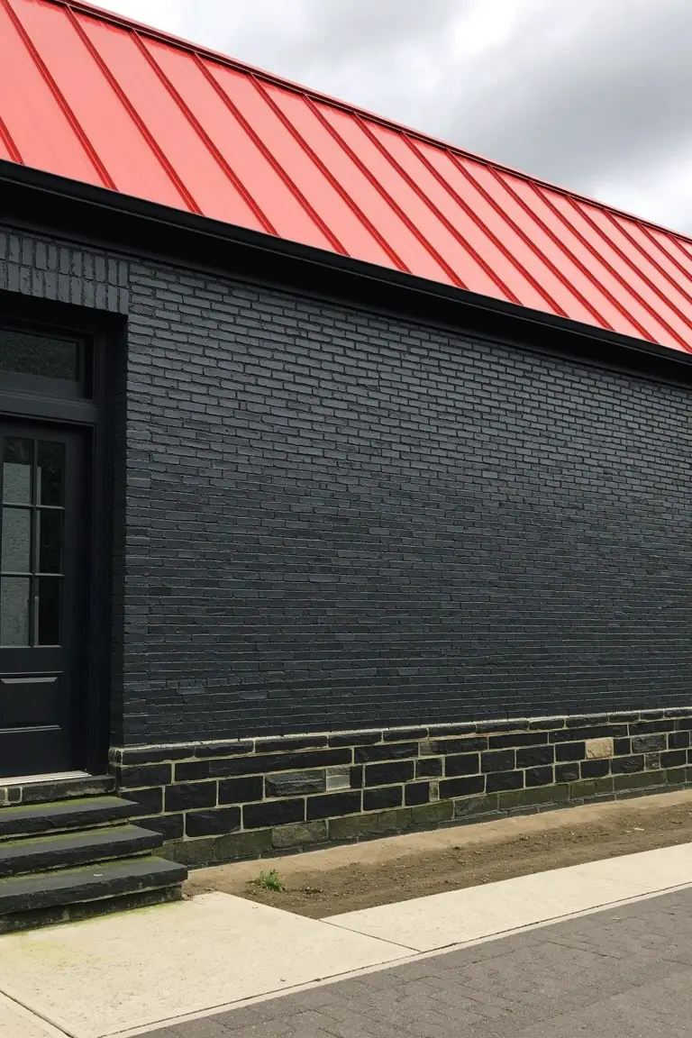 Deep black brick exterior walls under a bright red metal roof on a modern house