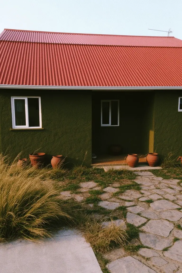 Earthy green house with red metal roof, terracotta pots, and stone walkway edged by grasses