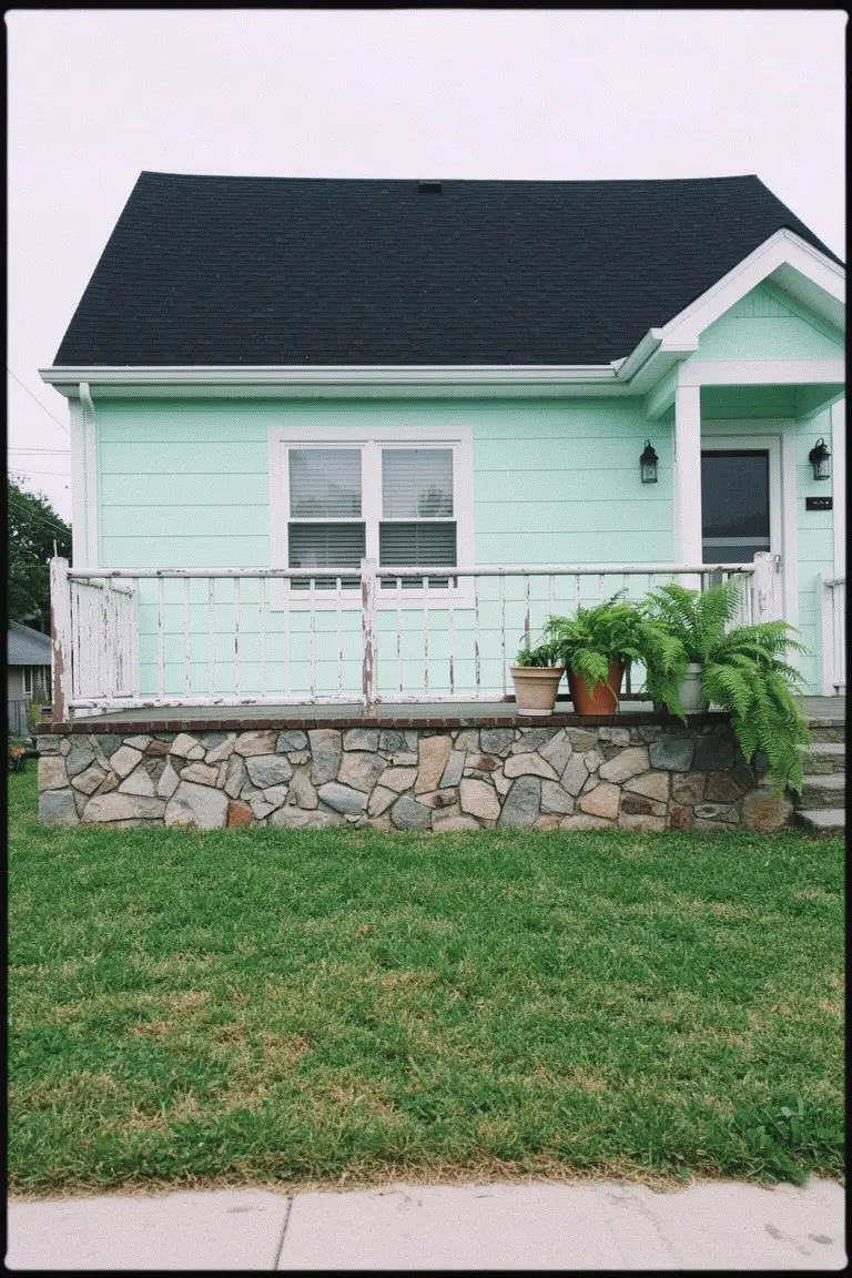 Pale mint green house siding with dark shingle roof contrast and stone foundation