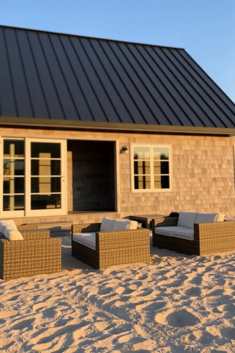 Beach house exterior with soft shingle gray siding, dark metal roof, white trim, and outdoor seating on sand