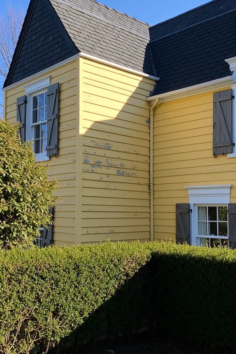 Sunny yellow house siding with dark roof shingles, black shutters, and clipped green hedges