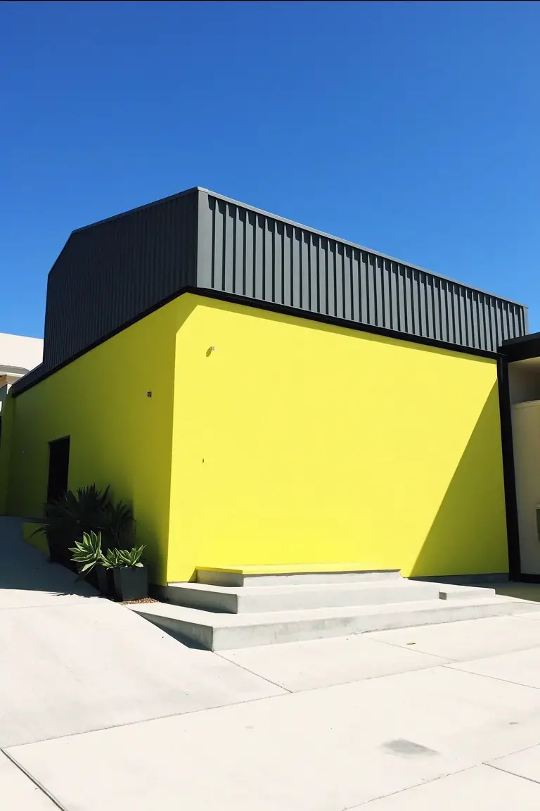 Sunny yellow exterior walls with dark gray roof contrast and simple steps