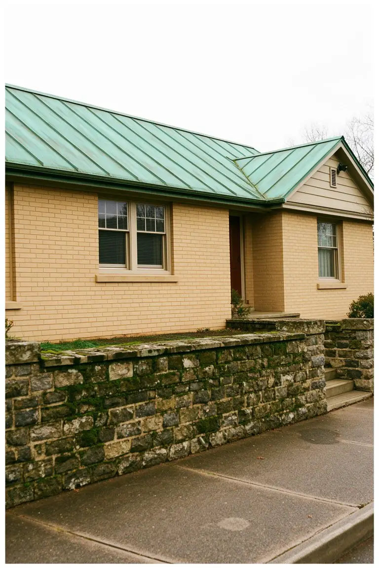 Beige brick house with green metal roof, red door, and stone retaining wall on a sidewalk
